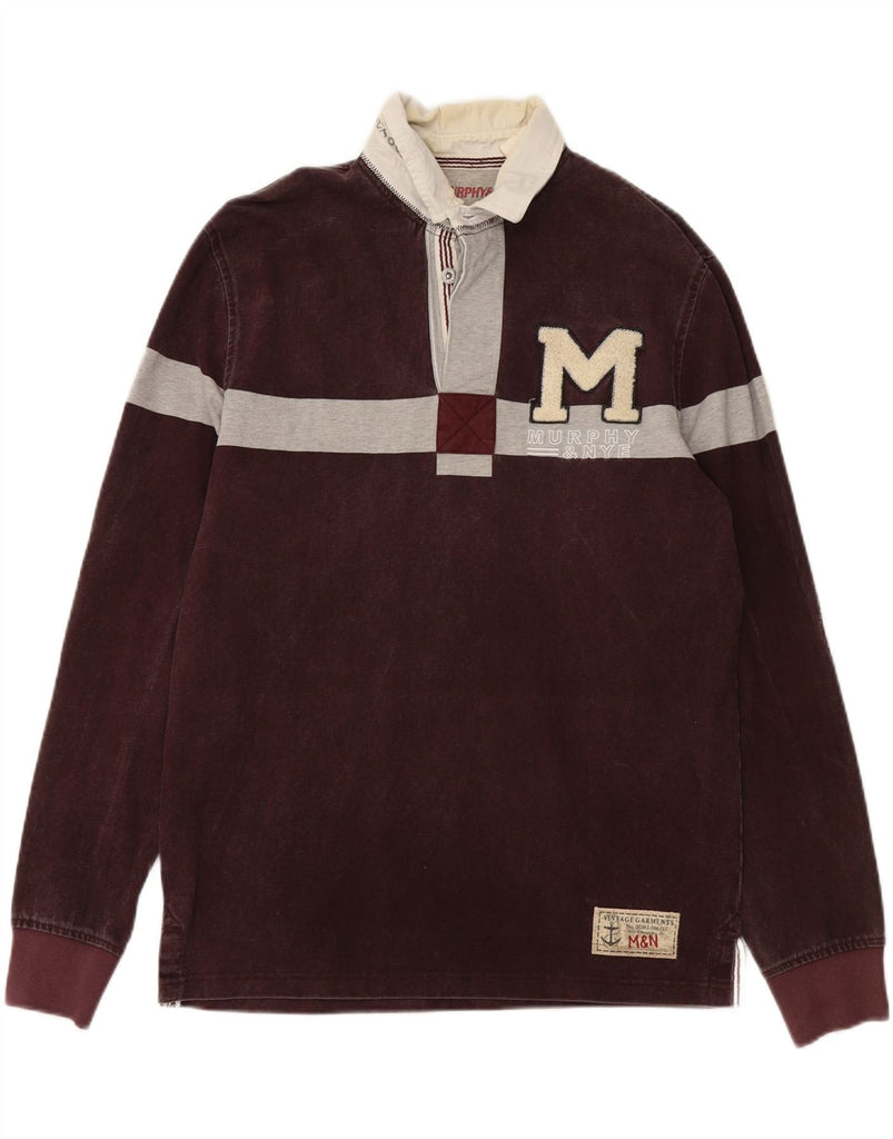 MURPHY & NYE Mens Graphic Rugby Polo Shirt Large Burgundy Colourblock Vintage Murphy & Nye and Second-Hand Murphy & Nye from Messina Hembry 