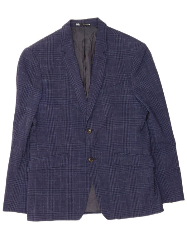 Zara Mens 2 Button Blazer Jacket EU 52 Large Navy Blue Houndstooth