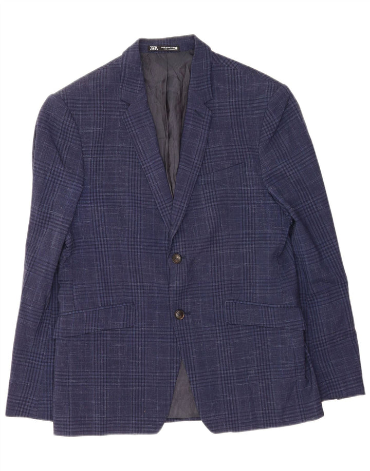 Zara Mens 2 Button Blazer Jacket EU 52 Large Navy Blue Houndstooth