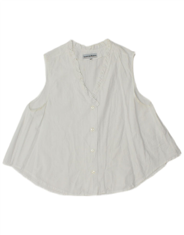 Vintage Womens Sleeveless Ruffle Front Shirt Blouse UK 14 Medium White