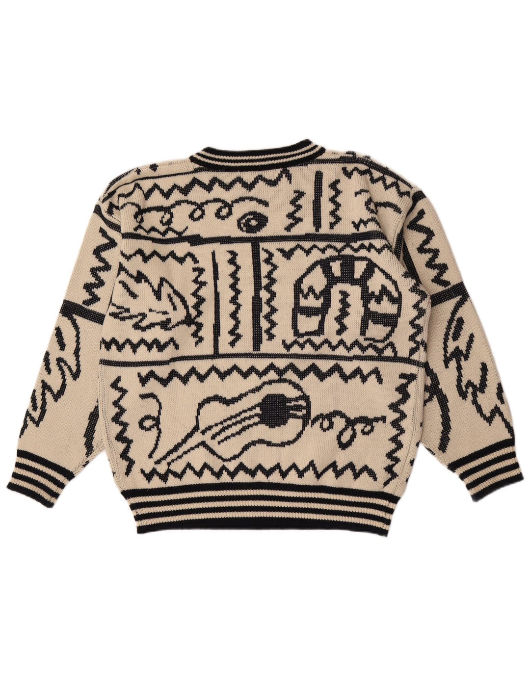 Vintage Mens Abstract Pattern Crew Neck Jumper Sweater Large Beige