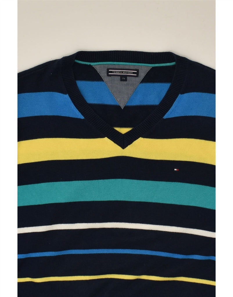 TOMMY HILFIGER Boys V-Neck Jumper Sweater 15-16 Years Navy Blue Striped | Vintage Tommy Hilfiger | Thrift | Second-Hand Tommy Hilfiger | Used Clothing | Messina Hembry 