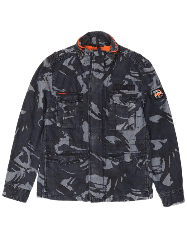 SUPERDRY Mens Military Jacket UK 40 Large Navy Blue Camouflage Cotton