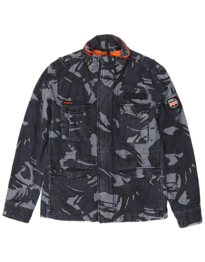 SUPERDRY Mens Military Jacket UK 40 Large Navy Blue Camouflage Cotton