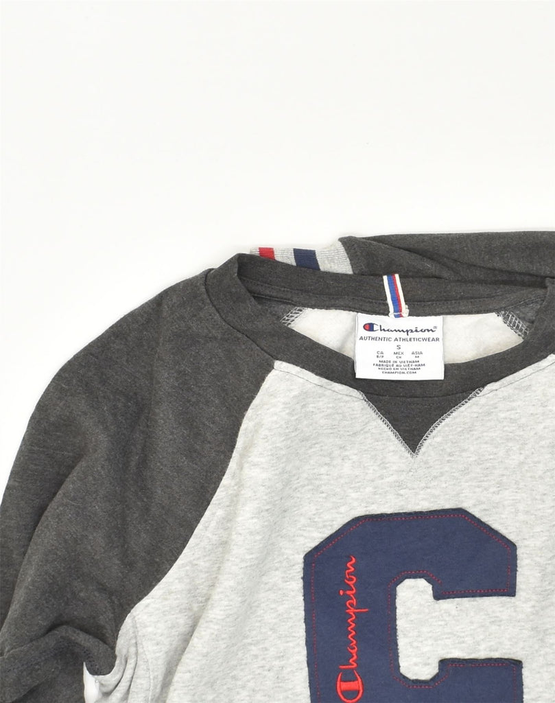 CHAMPION Mens Graphic Sweatshirt Jumper Small Grey Colourblock Cotton | Vintage Champion | Thrift | Second-Hand Champion | Used Clothing | Messina Hembry 