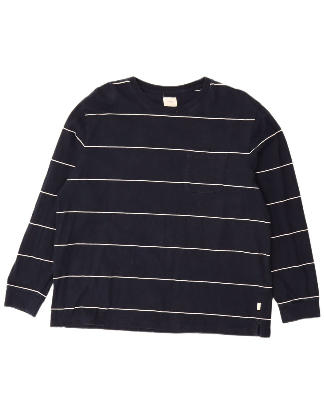 MARKS & SPENCER Mens Top Long Sleeve 2XL Navy Blue Striped Cotton
