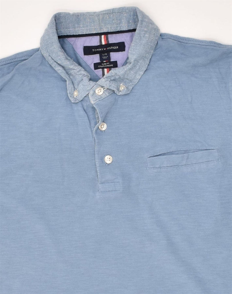 TOMMY HILFIGER Mens Slim Fit Polo Shirt Large Blue Cotton | Vintage Tommy Hilfiger | Thrift | Second-Hand Tommy Hilfiger | Used Clothing | Messina Hembry 