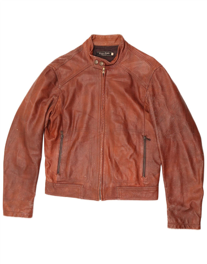 Vintage Womens Crop Leather Jacket IT 48 XL Brown Leather