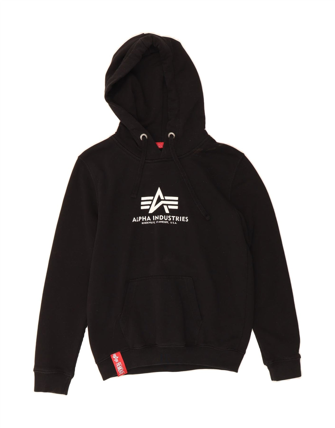 ALPHA INDUSTRIES Mens Graphic Hoodie Jumper Small Black Cotton Vintage Alpha Industries and Second-Hand Alpha Industries from Messina Hembry 