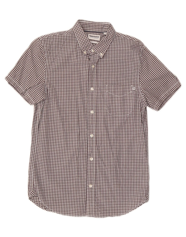 Timberland Mens Short Sleeve Slim Fit Shirt Small Brown Gingham Cotton