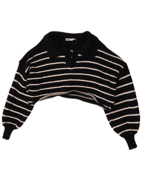 Zara Womens Crop Polo Neck Jumper Sweater UK 10 Small Navy Blue Striped