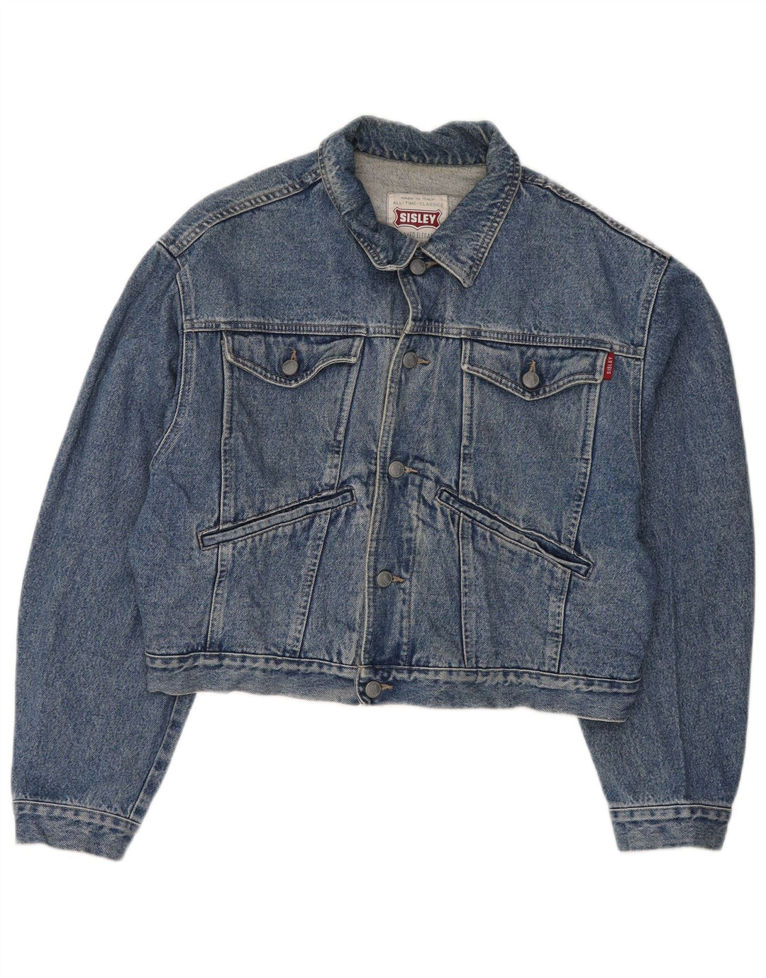 SISLEY Womens Crop Oversized Denim Jacket UK 10 Small Blue Cotton