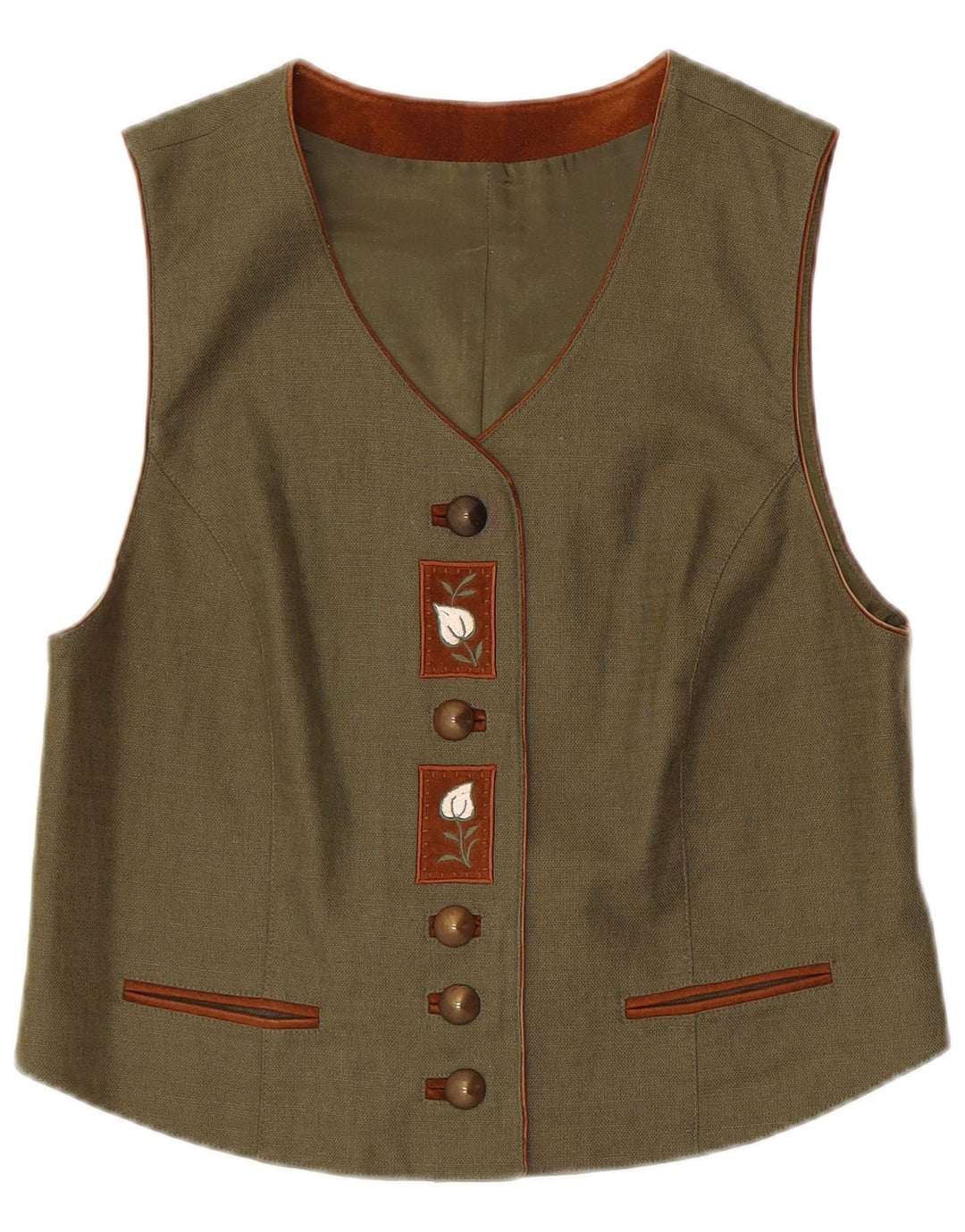 C&A Womens Waistcoat UK 14 Medium  Khaki Floral Linen