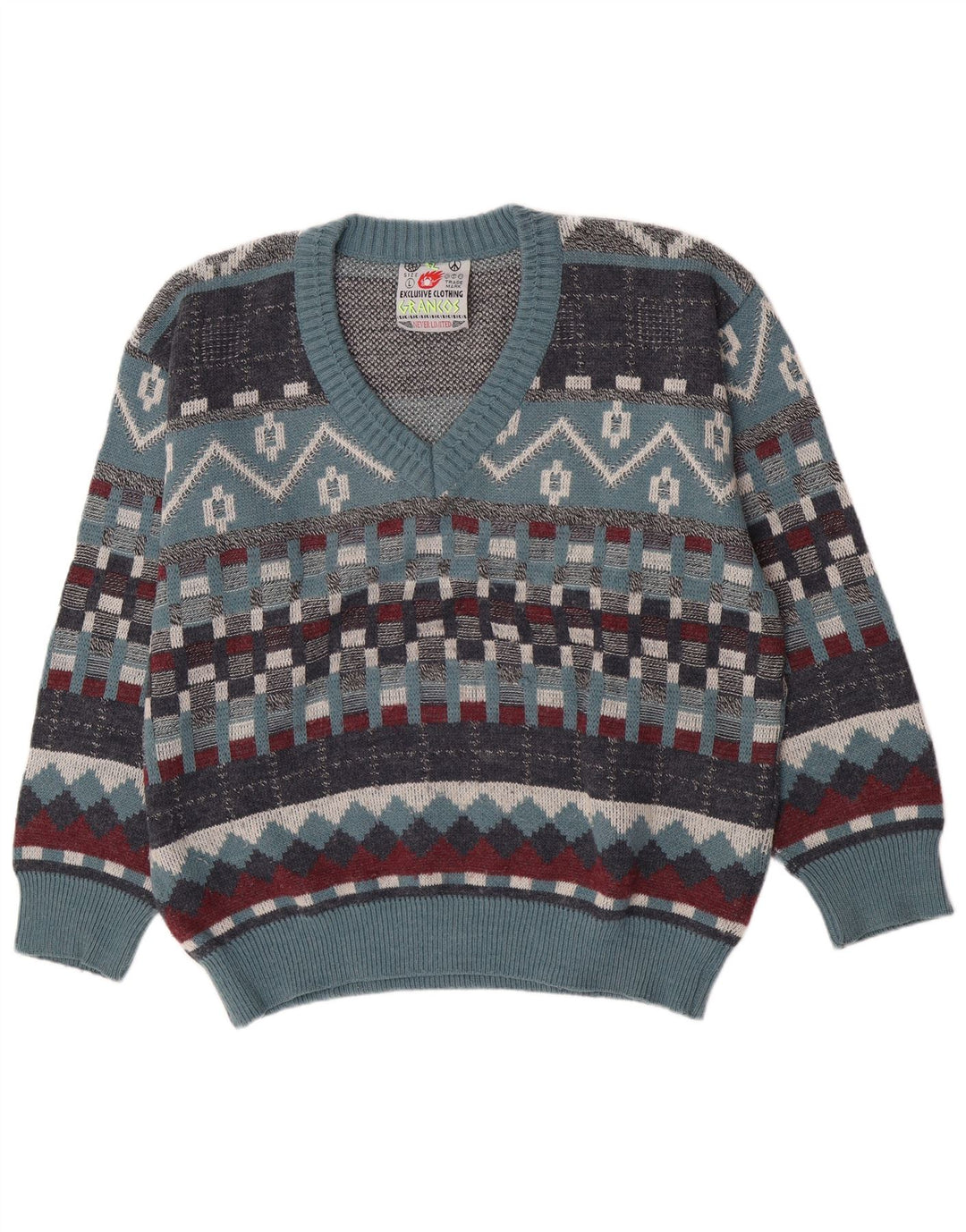 Vintage Mens V-Neck Jumper Sweater Large Blue Geometric Wool