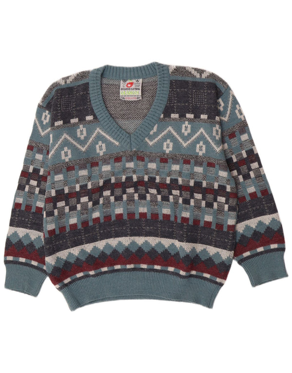 Vintage Mens V-Neck Jumper Sweater Large Blue Geometric Wool