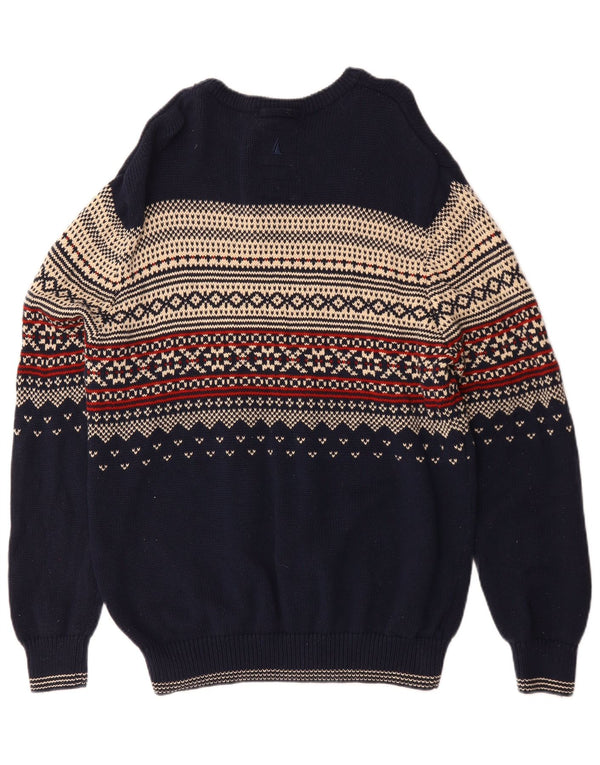 Musto Mens Boat Neck Jumper Sweater XL Navy Blue Fair Isle Cotton