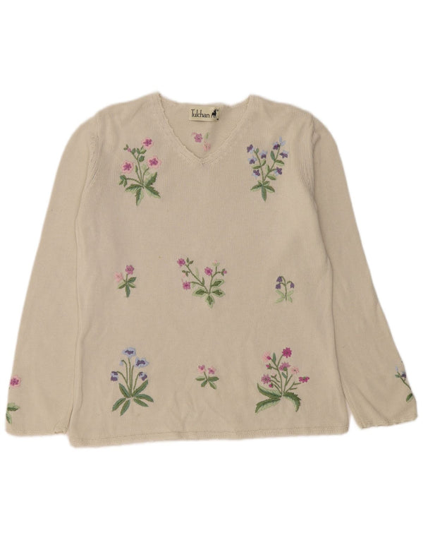 Tulchan Womens V-Neck Jumper Sweater UK 14 Medium Beige Floral Cotton