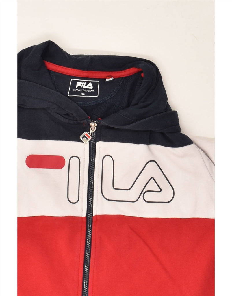 FILA Boys Graphic Zip Hoodie Sweater 13-14 Years Red Colourblock Cotton | Vintage Fila | Thrift | Second-Hand Fila | Used Clothing | Messina Hembry 