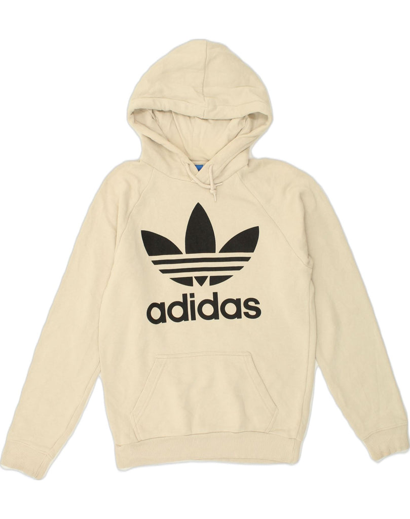 ADIDAS Womens Graphic Hoodie Jumper UK 6 XS Beige Cotton | Vintage Adidas | Thrift | Second-Hand Adidas | Used Clothing | Messina Hembry 