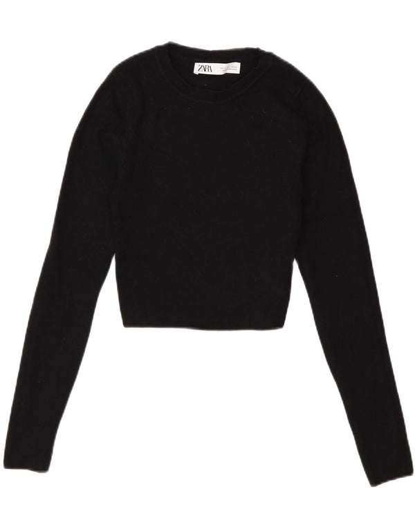 Zara Womens Crop Crew Neck Jumper Sweater UK 8 Small Black Viscose