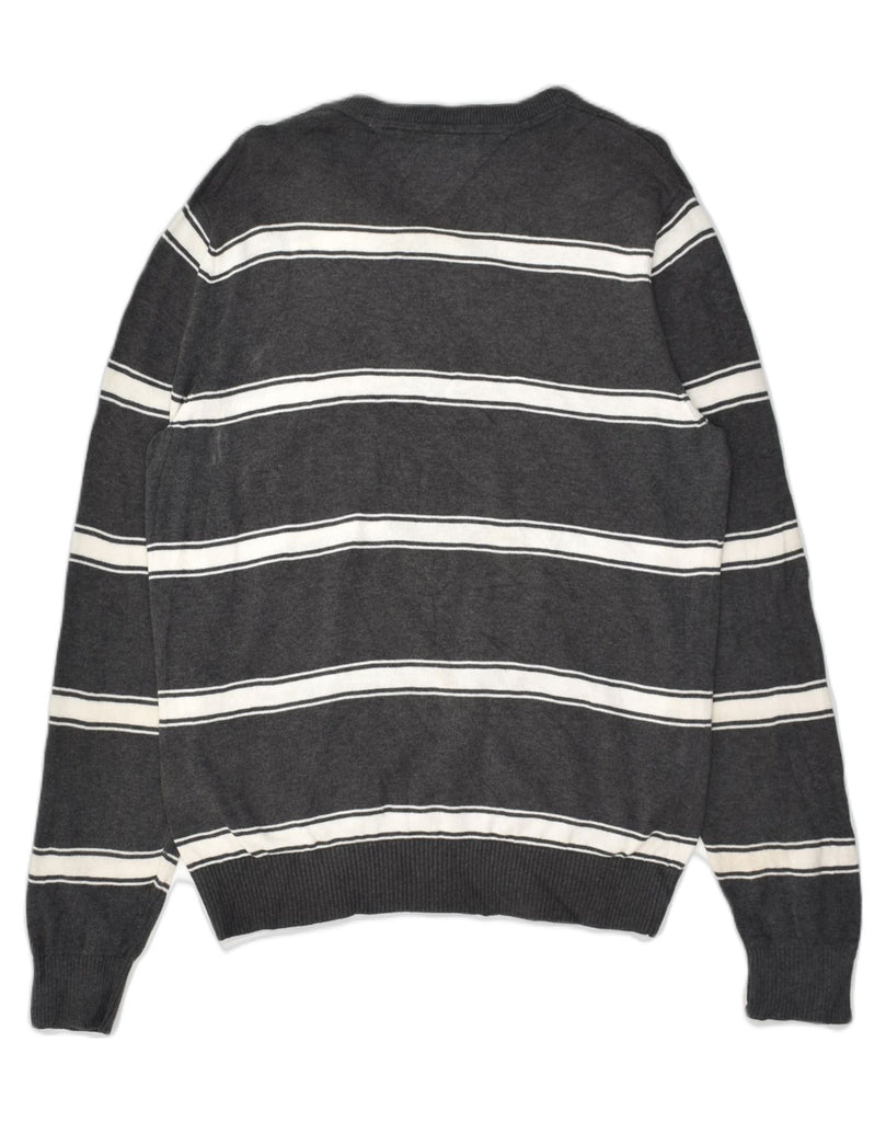 TOMMY HILFIGER Mens V-Neck Jumper Sweater Medium Grey Striped Cotton | Vintage Tommy Hilfiger | Thrift | Second-Hand Tommy Hilfiger | Used Clothing | Messina Hembry 