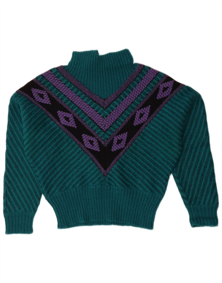 Vintage Womens Turtle Neck Jumper Sweater US 12 Large Green Geometric