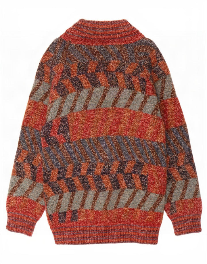 Vintage Mens Longline Cardigan Sweater Large Multicoloured Geometric Wool