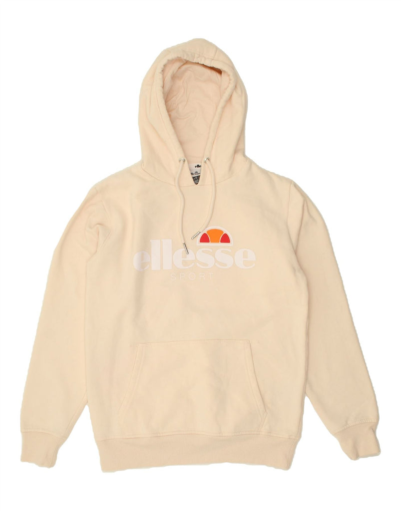 ELLESSE Womens Graphic Hoodie Jumper UK 12 Medium  Beige Cotton | Vintage Ellesse | Thrift | Second-Hand Ellesse | Used Clothing | Messina Hembry 