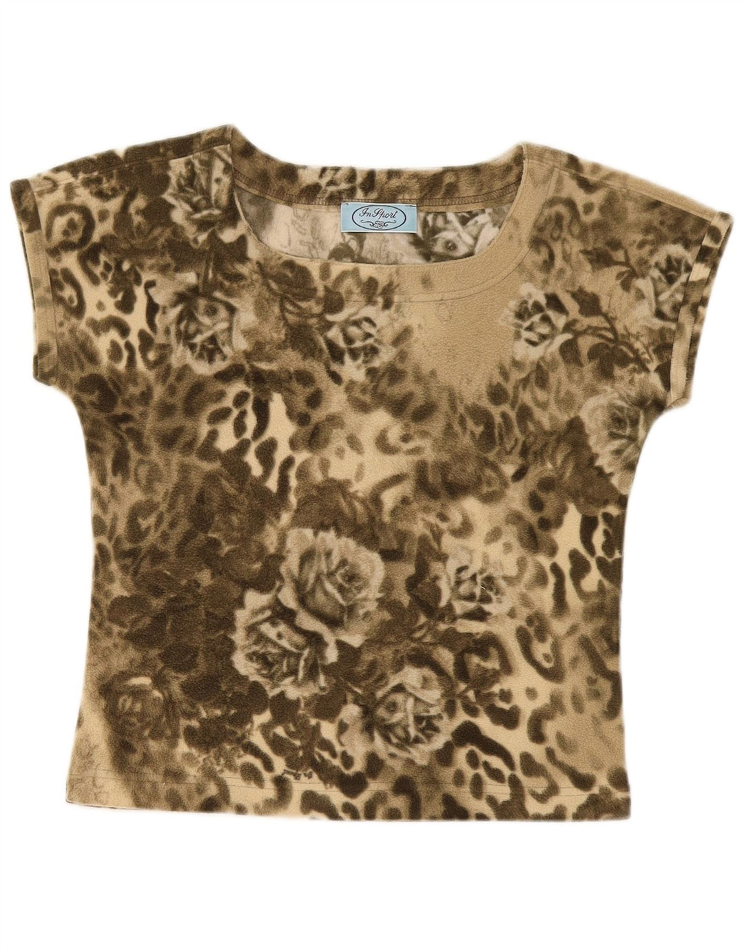 Vintage Womens Graphic T-Shirt Top UK 12 Medium Khaki Floral Polyester