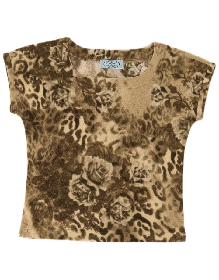 Vintage Womens Graphic T-Shirt Top UK 12 Medium Khaki Floral Polyester