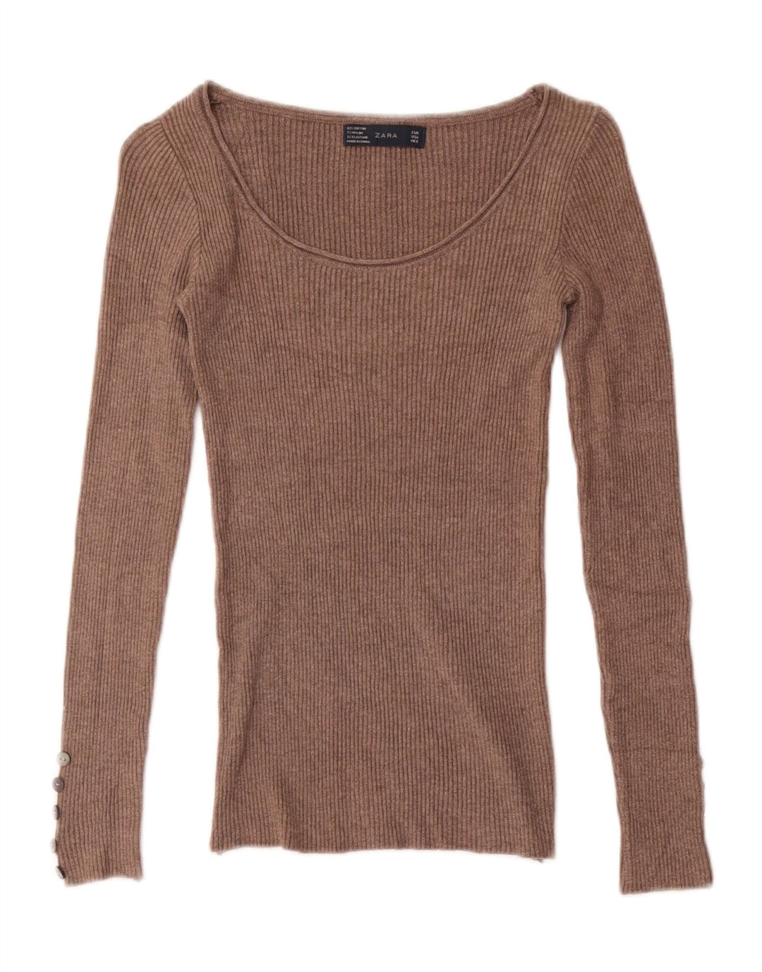 Zara Womens Top Long Sleeve UK 4 XS Brown Cotton