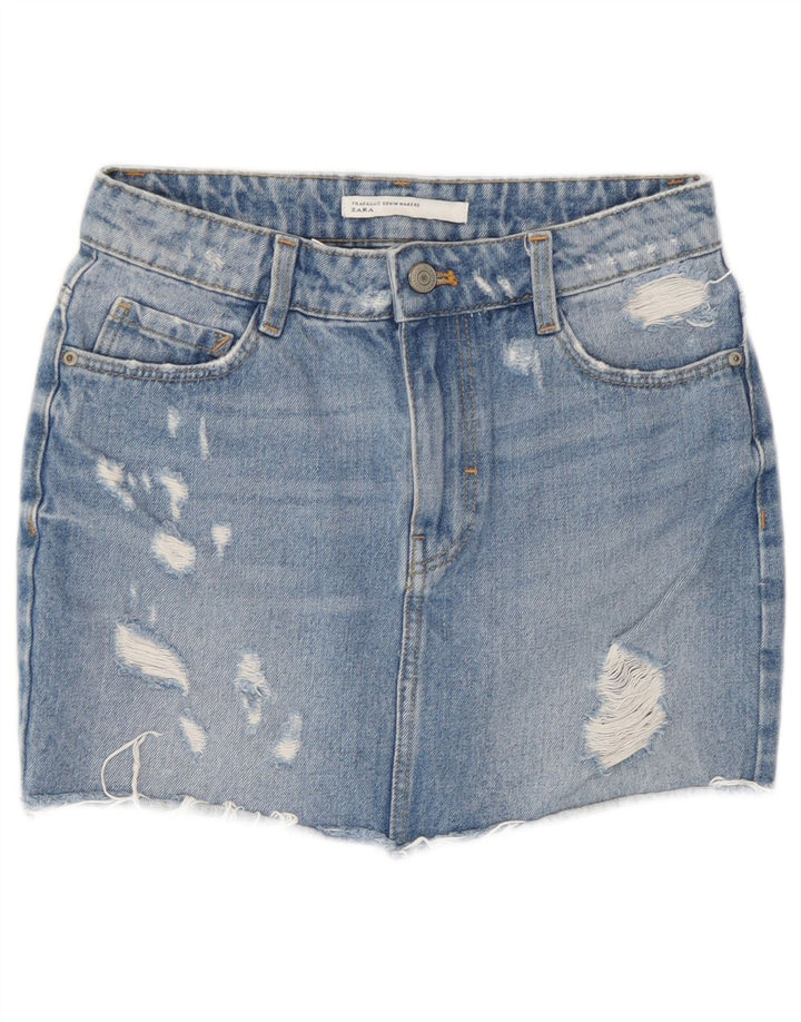 Zara Womens Distressed Mini Denim Skirt XS W24  Blue
