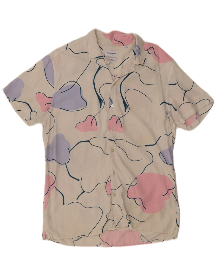 Jack & Jones Mens Comfort Fit Abstract Pattern Short Sleeve Shirt XL White