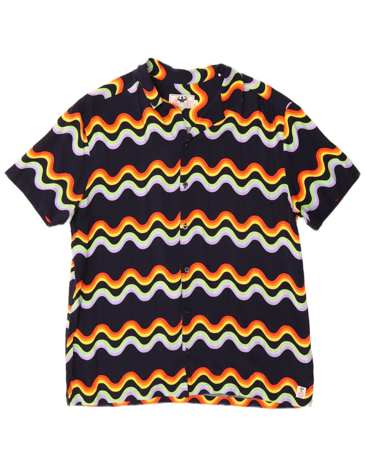Vintage Mens Short Sleeve Shirt Large Navy Blue Chevron Viscose