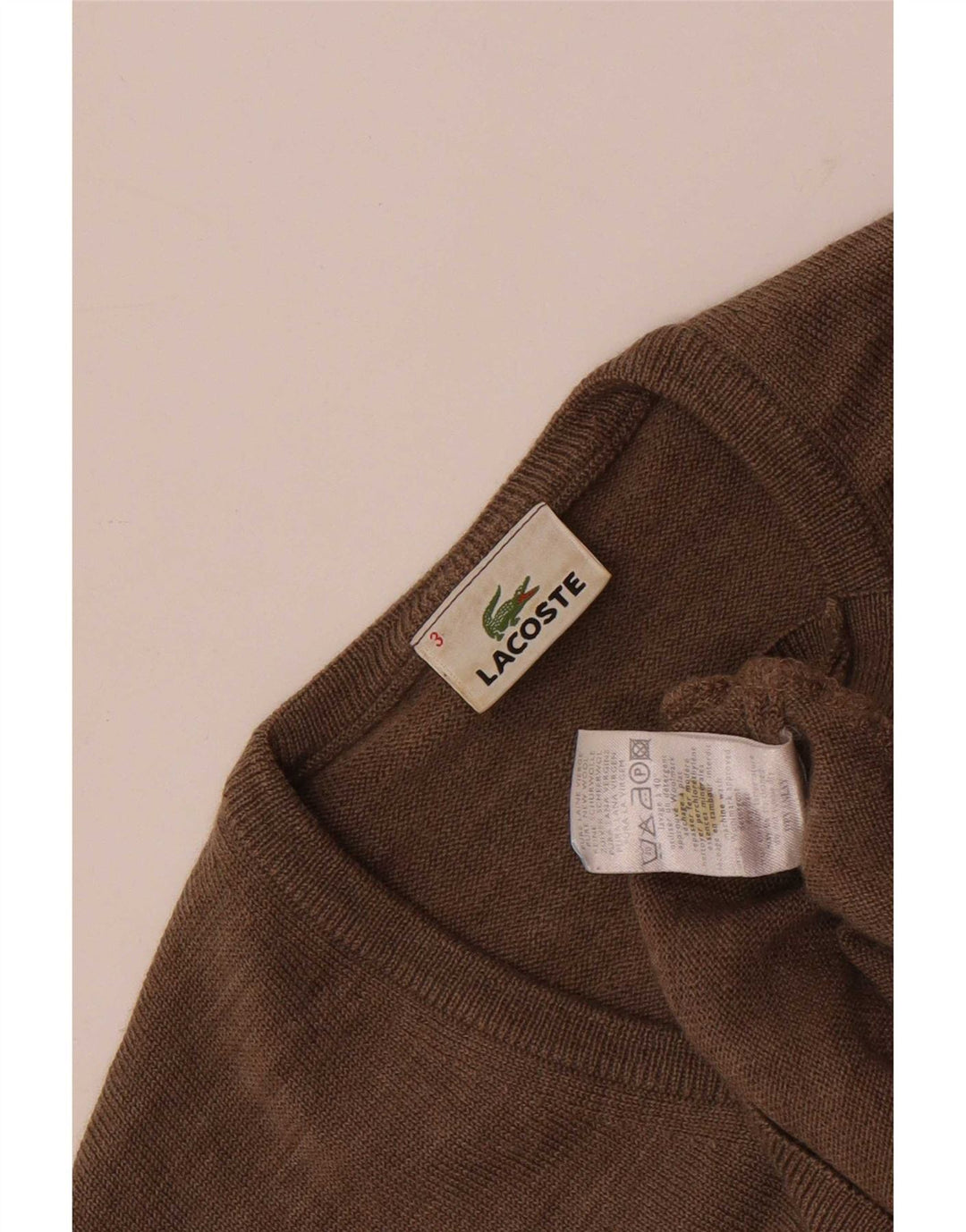 Lacoste Mens V-Neck Jumper Sweater Size 3 Small Brown New Wool