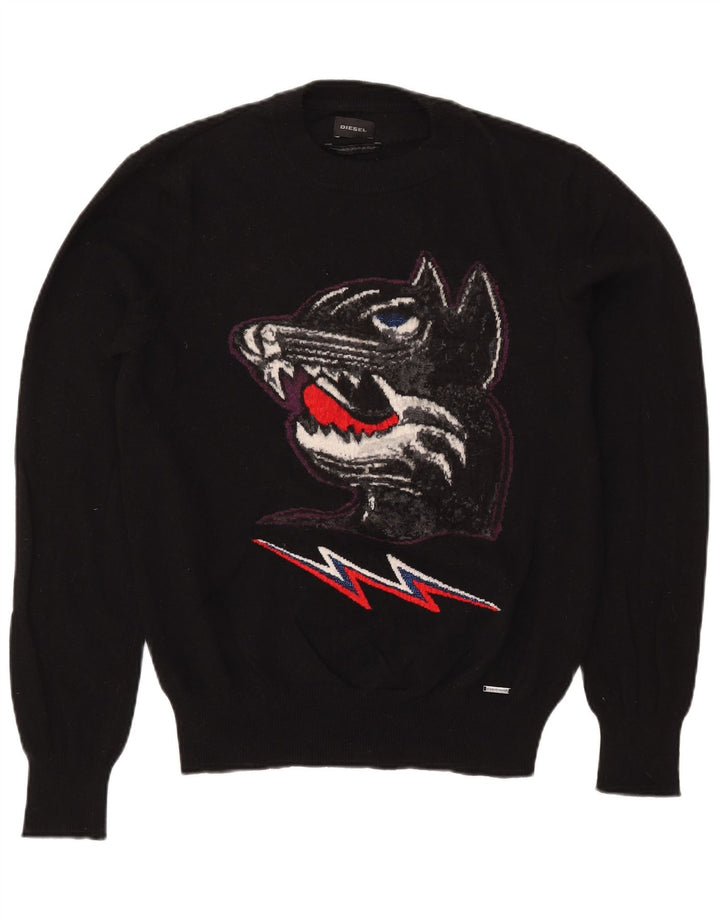 Diesel Mens Graphic Crew Neck Jumper Sweater Large Black Wool
