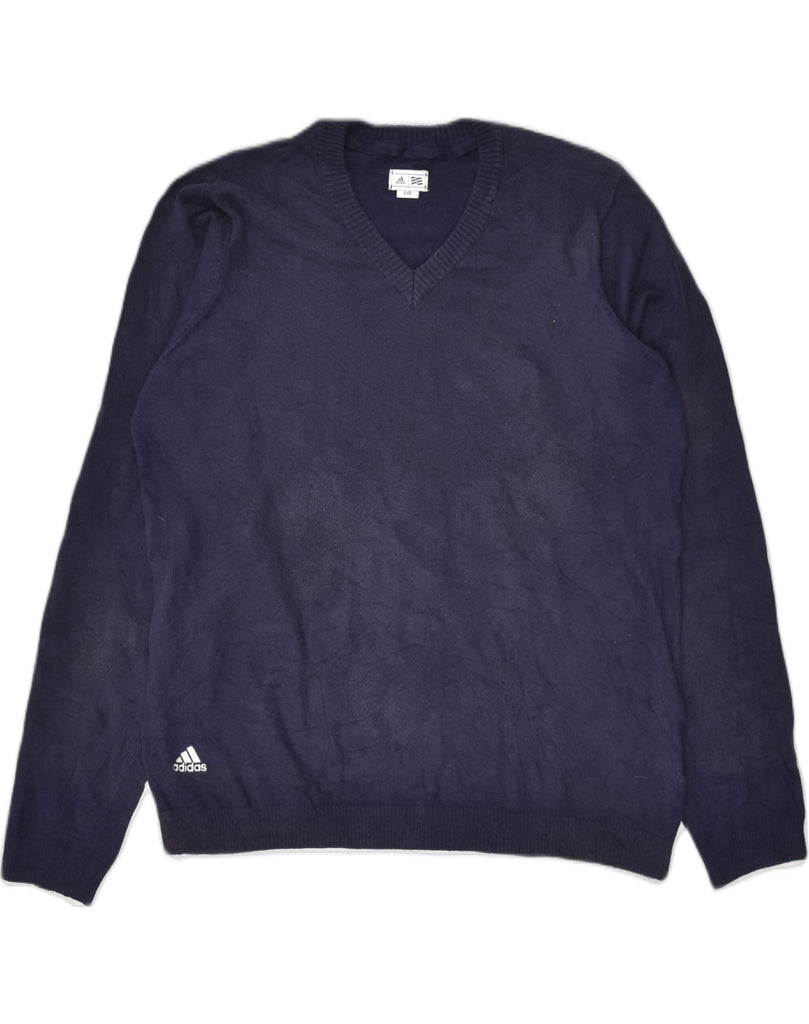 ADIDAS Mens V-Neck Jumper Sweater Large Navy Blue Cotton | Vintage Adidas | Thrift | Second-Hand Adidas | Used Clothing | Messina Hembry 