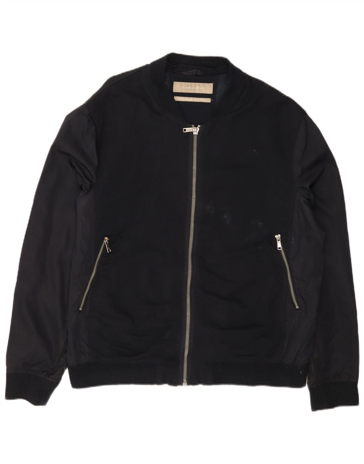 Zara Mens Bomber Jacket UK 42 XL Navy Blue Viscose
