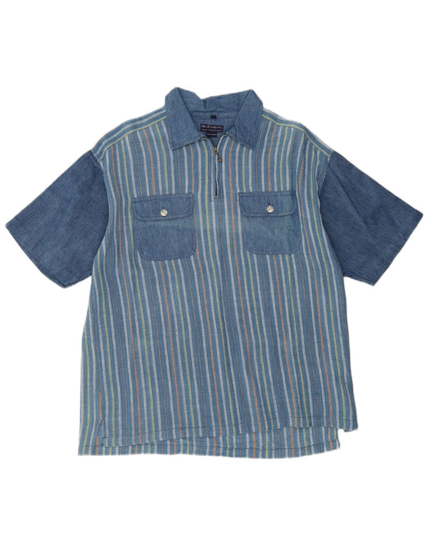 VINTAGE Mens Loose Fit Short Sleeve Pullover Shirt Medium Blue Striped