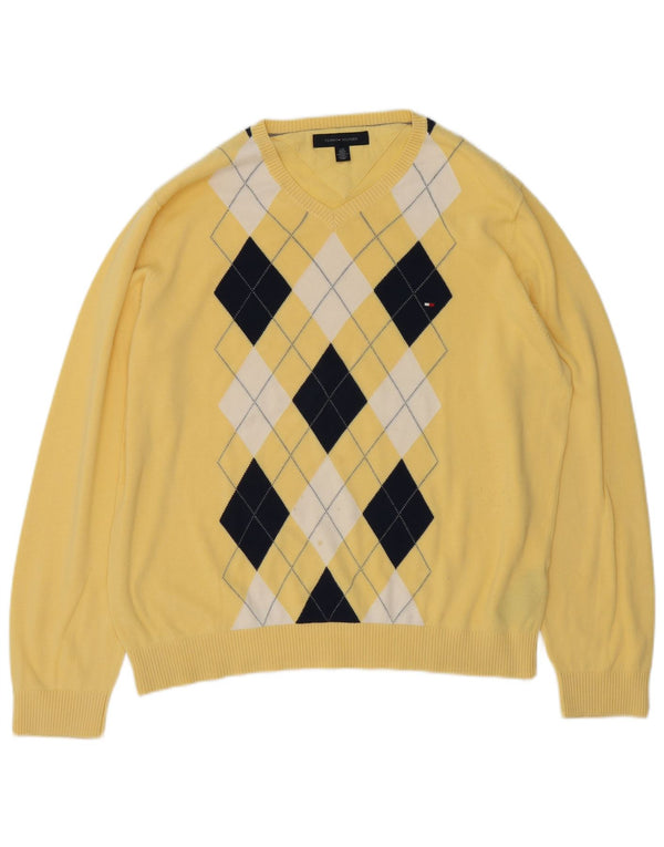 TOMMY HILFIGER Mens V-Neck Jumper Sweater Large Yellow Argyle/Diamond