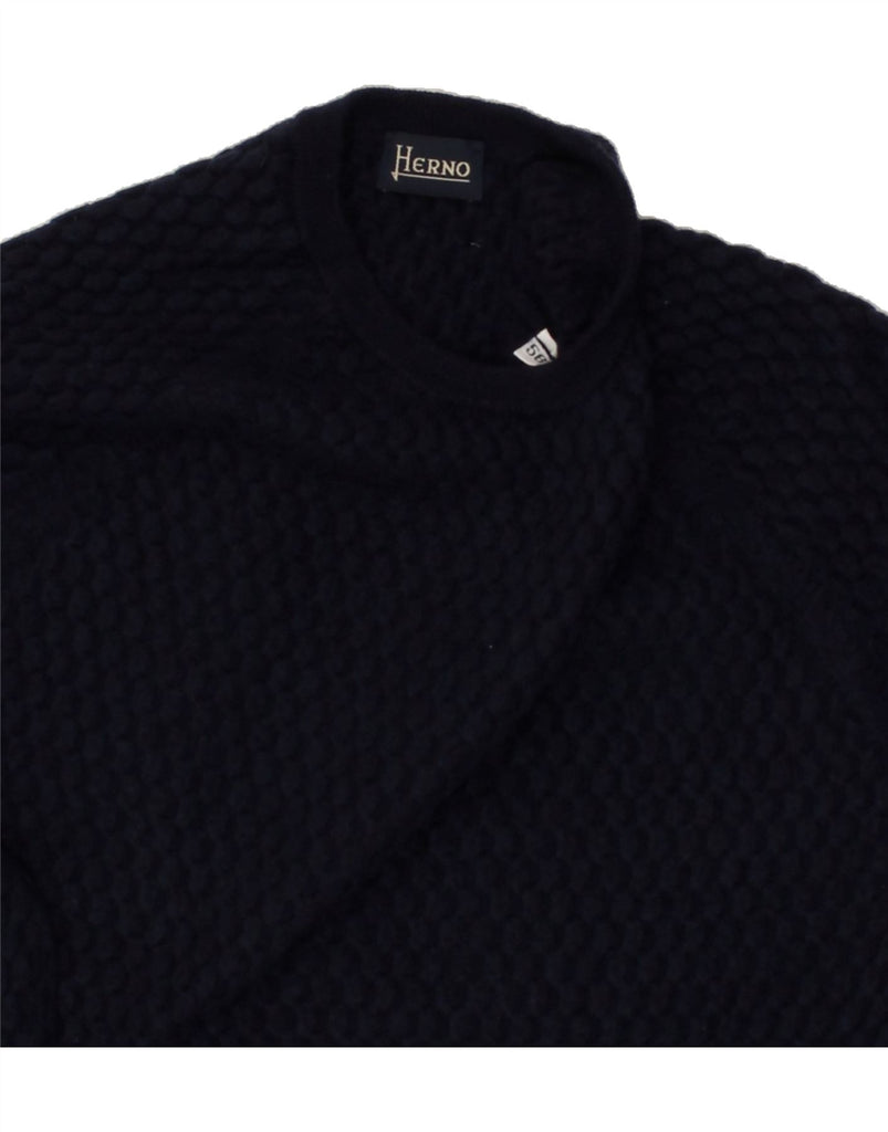 HERNO Mens Slim Fit Crew Neck Jumper Sweater IT 56 2XL Navy Blue Wool Vintage Herno and Second-Hand Herno from Messina Hembry 