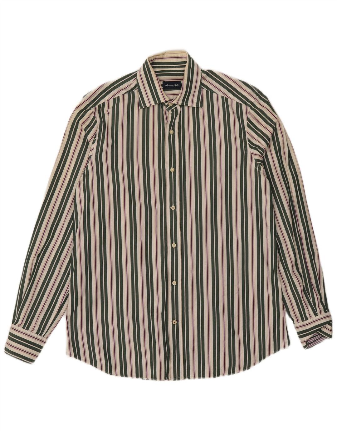 Massimo Dutti Mens Shirt Medium Green Striped Cotton