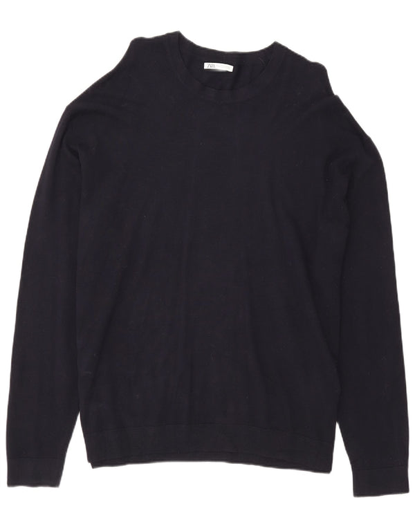 Zara Mens Crew Neck Jumper Sweater XL Navy Blue Viscose