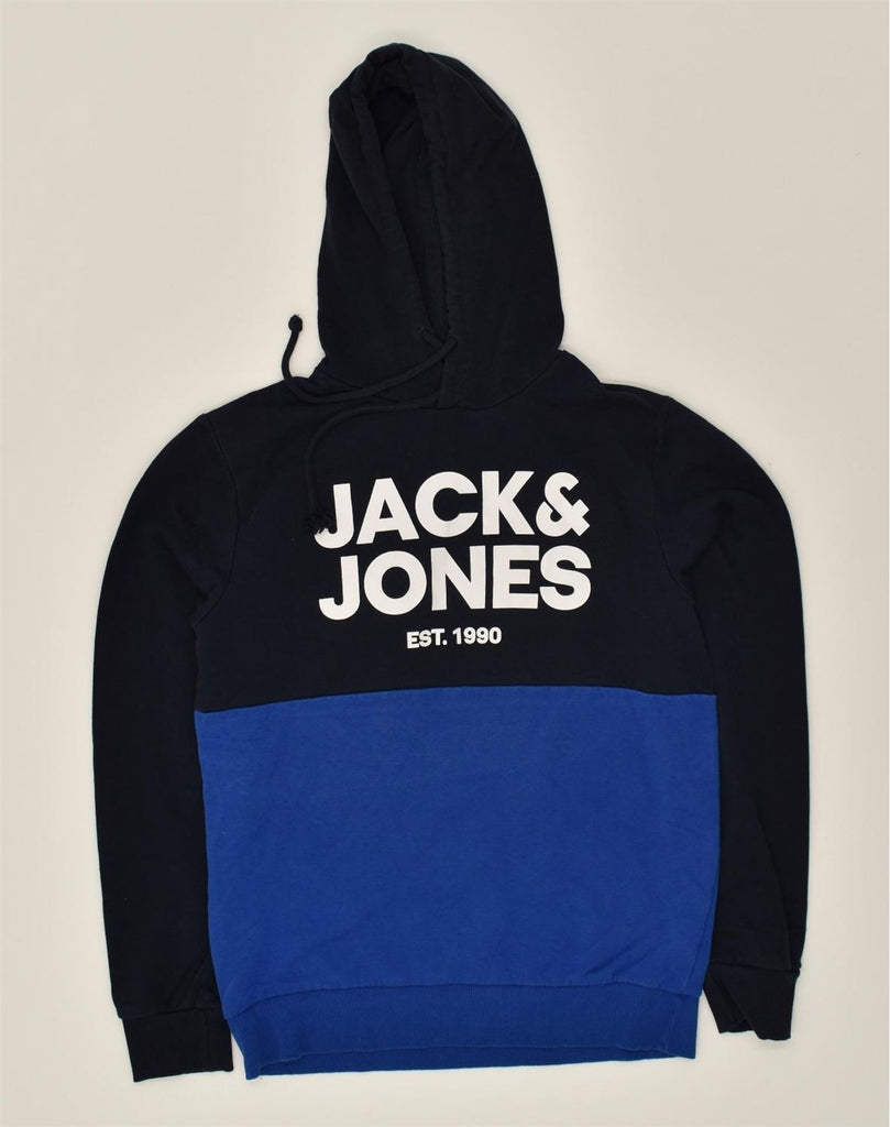 JACK & JONES Mens Graphic Hoodie Jumper Medium Navy Blue Colourblock | Vintage Jack & Jones | Thrift | Second-Hand Jack & Jones | Used Clothing | Messina Hembry 