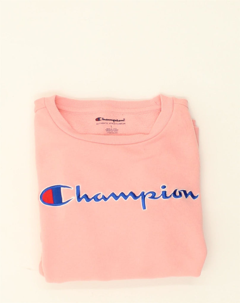 CHAMPION Girls Graphic Sweatshirt Jumper 13-14 Years Large Pink Cotton | Vintage Champion | Thrift | Second-Hand Champion | Used Clothing | Messina Hembry 