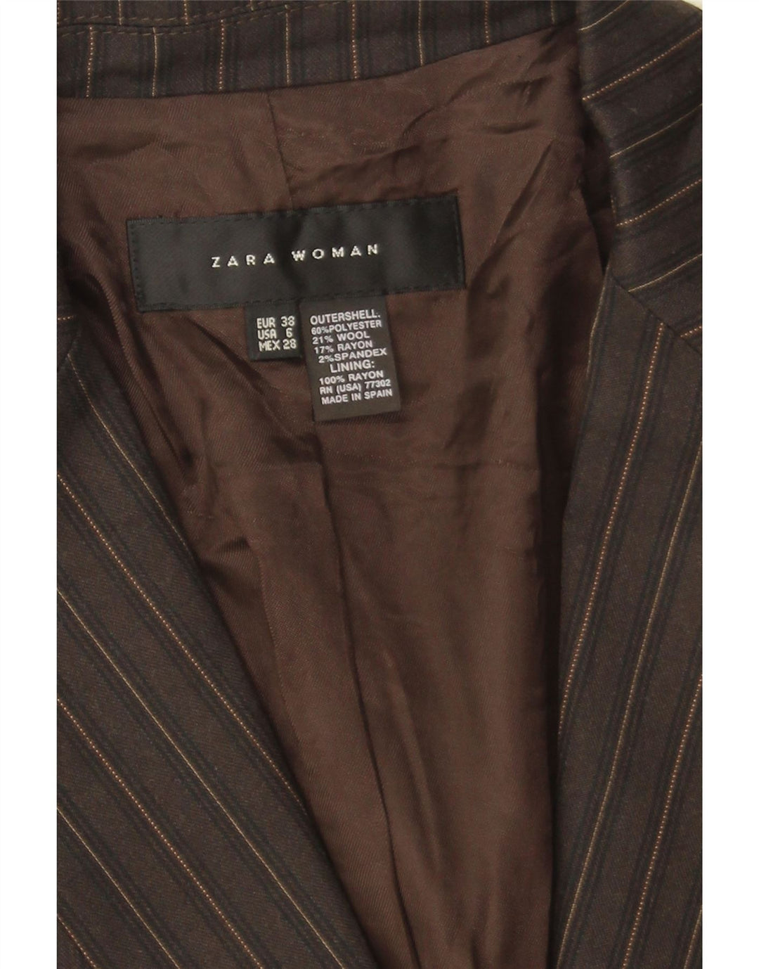 Zara Womens 1 Button Blazer Jacket EU 38 Small Brown Pinstripe Polyester