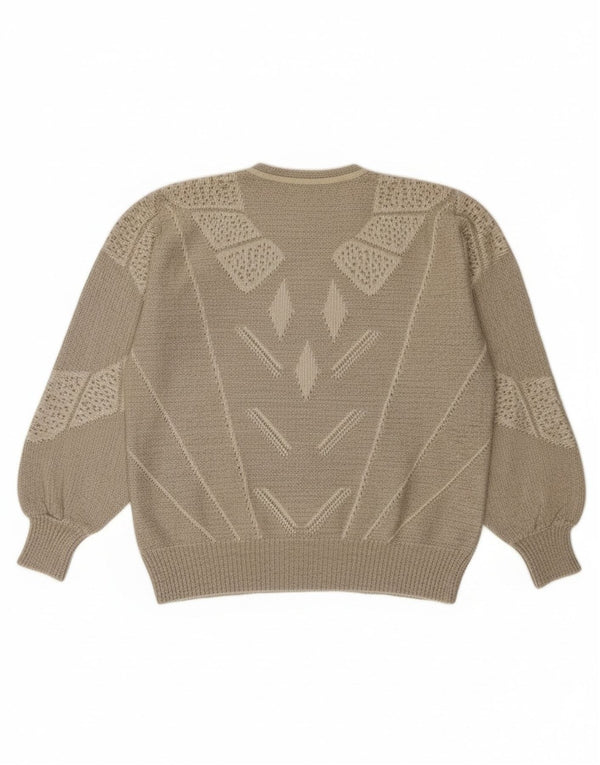 Vintage Womens Button Neck Jumper Sweater UK 14 Large Grey Geometric