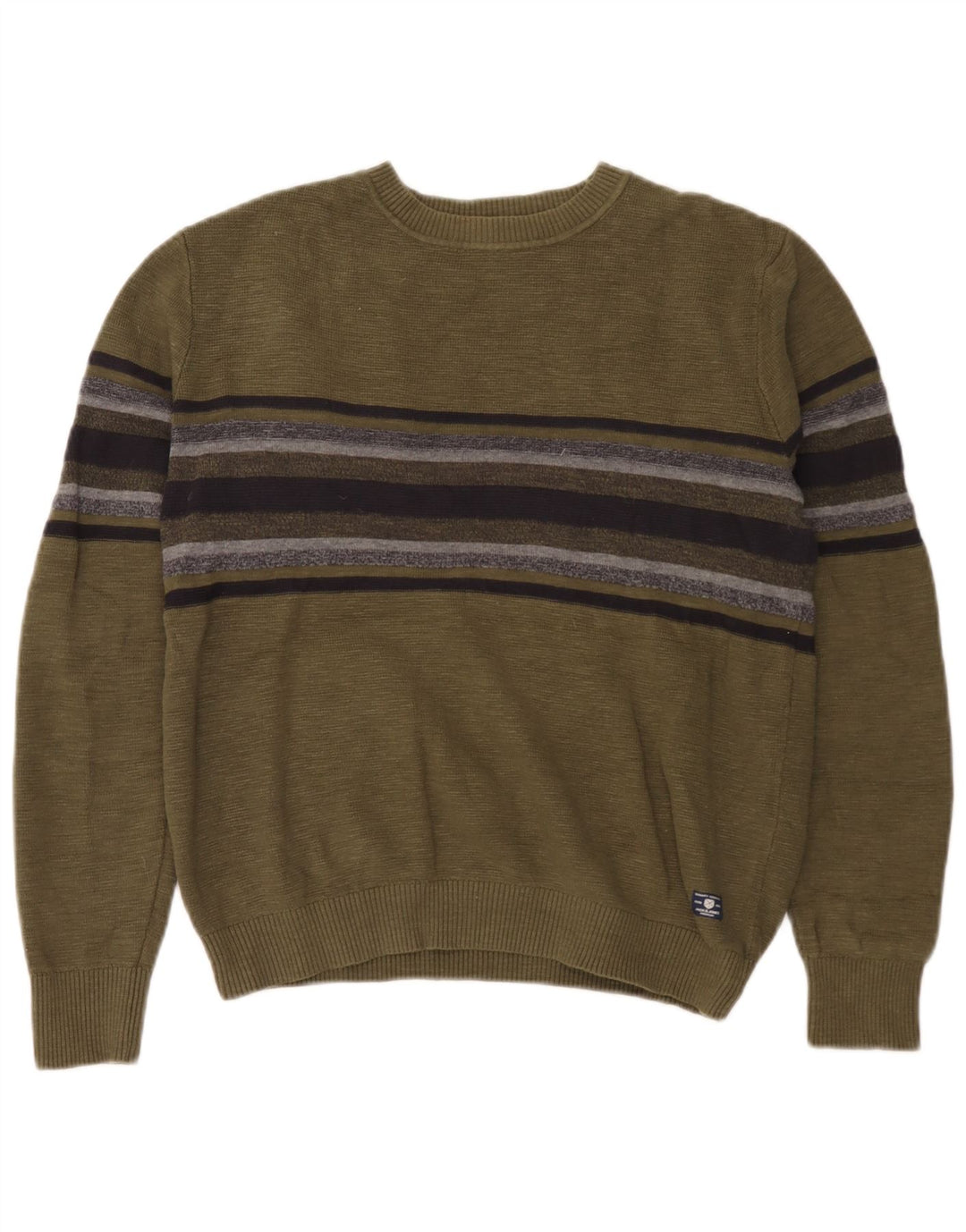 Jack & Jones Mens Boat Neck Jumper Sweater Medium Khaki Striped Cotton