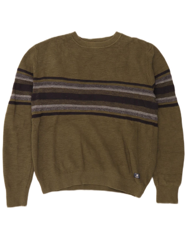 Jack & Jones Mens Boat Neck Jumper Sweater Medium Khaki Striped Cotton