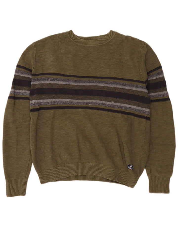 Jack & Jones Mens Boat Neck Jumper Sweater Medium Khaki Striped Cotton